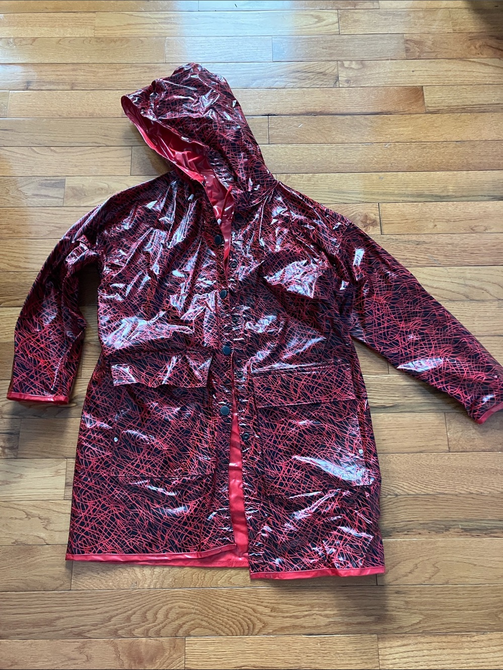 Vintage Slippery When Wet Women’s Red and Black Reversible Raincoat - Large